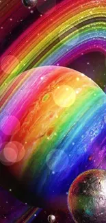 Colorful rainbow planet with cosmic rings and galaxy background.