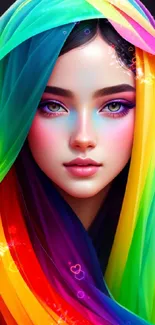 Colorful rainbow portrait mobile wallpaper of a woman with vibrant draped hues.