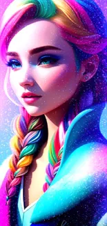 Portrait of a character with vibrant rainbow hair in blue tones.