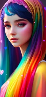 Stylized portrait with colorful rainbow veil