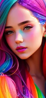 Colorful portrait with rainbow hair highlights in a vibrant style.