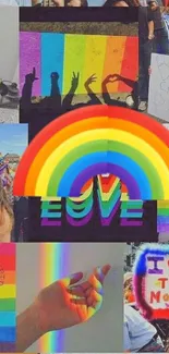 Vibrant rainbow-themed Pride collage mobile wallpaper.