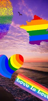 Colorful rainbow pride wallpaper with sunset beach scene.