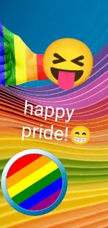 Vibrant rainbow pride wallpaper with emojis and text celebrating diversity.