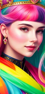 A colorful princess with rainbow hair and a jeweled crown.