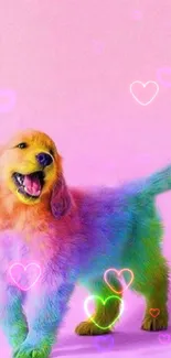 Vibrant rainbow-colored puppy on a pink background, creating a joyful wallpaper.