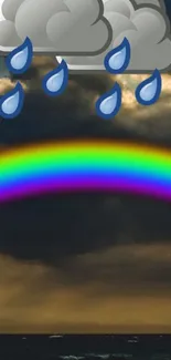 Rainbow and raindrops under cloudy sky wallpaper.