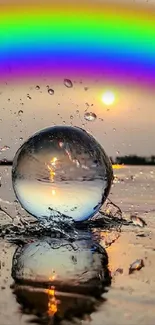 A rainbow arcs over a reflective bubble on water at sunset.