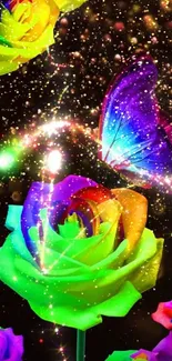 Vibrant rainbow rose with a butterfly under a magical starry glow.