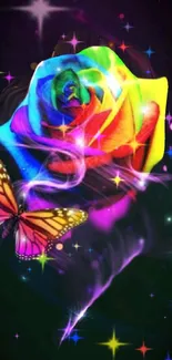 Vibrant rainbow rose with butterfly on a dark background with sparkles.