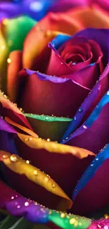 Close-up of a vibrant rainbow rose with dewdrops on its colorful petals.