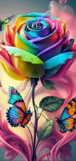 Vibrant rainbow rose with colorful butterflies in artistic design.