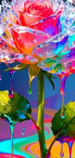 Vibrant rainbow rose with dripping colors, artistic design.