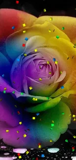 Vibrant rainbow rose with sparkling effects on a glossy black background.