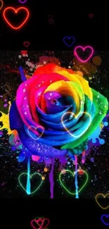 Vibrant rainbow rose on a dark background.