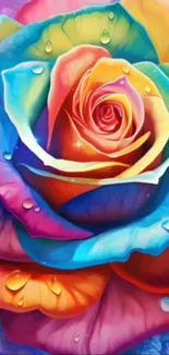 Colorful rainbow rose art with water droplets on petals.