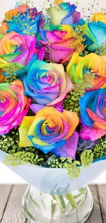 Vibrant bouquet of rainbow roses in a glass vase on a wooden table.