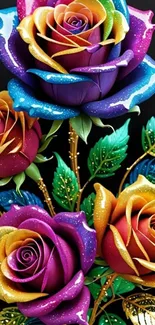 Vibrant rainbow roses with lush green leaves on a dark background.