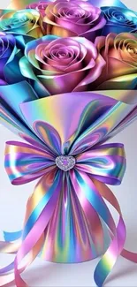 A vibrant rainbow rose bouquet with pastel colors and artistic design.