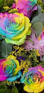 Bright bouquet of rainbow-colored roses with leafy greens.