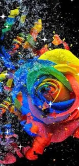 Colorful rainbow rose with splash effect on black background.