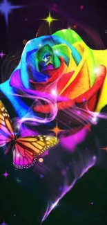 Vibrant rainbow rose with butterfly and stars in dark background.