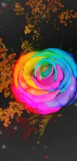 A stunning rainbow-colored rose on a dark background.