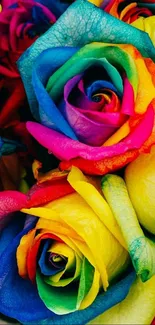 Colorful wallpaper featuring vibrant rainbow roses in full bloom.