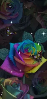 Vibrant rainbow rose with butterflies wallpaper.