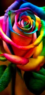 Vibrant rainbow colored rose in full bloom.