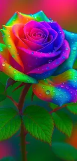 Colorful rainbow rose with water droplets.