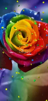 Rainbow-colored rose on a vibrant background, perfect for mobile wallpaper.