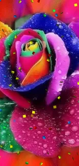 Rainbow rose with water droplets on a bright, colorful background wallpaper.