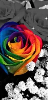 Vibrant rainbow rose amid grayscale flowers.