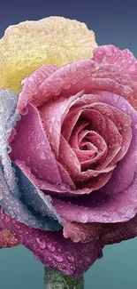 Colorful rainbow rose with droplets background.