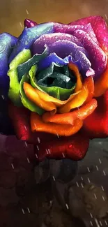 Vibrant rainbow rose with dewdrop-adorned petals in stunning colors.