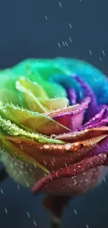 Vibrant rainbow-colored rose with dewdrops on blue background.