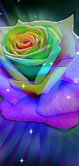 Colorful rainbow rose with vibrant hues in a digital art design.