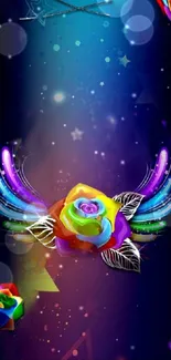 Vibrant rainbow rose set against a cosmic background with colorful abstract elements.