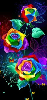 Colorful rainbow rose wallpaper with vibrant floral design on black background.