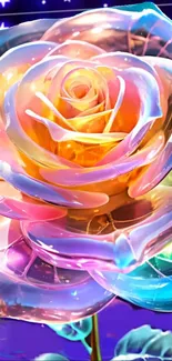 Vibrant rainbow rose with a cosmic background on mobile wallpaper.