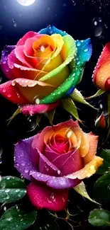 Vibrant rainbow roses with droplets in a dark background.