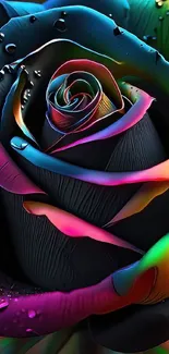 Vibrant rainbow rose with colorful petals and dewdrops.