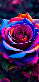 A vibrant multicolor rose with colorful petals in full bloom.