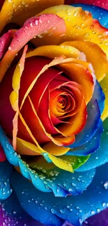 Closeup of a vibrant rainbow rose with dew-covered petals.