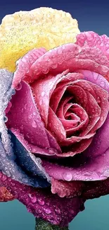 Vibrant multicolored rose with dewdrops.