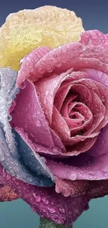 Vibrant and colorful rose with dewdrops in close-up view.