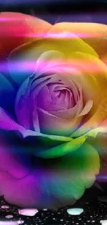 Vibrant rainbow rose with sparkles on a black background.