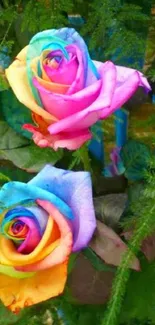 Two vibrant rainbow roses amidst lush greenery.