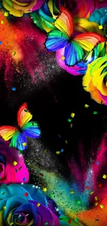 Colorful rainbow roses and butterflies wallpaper.